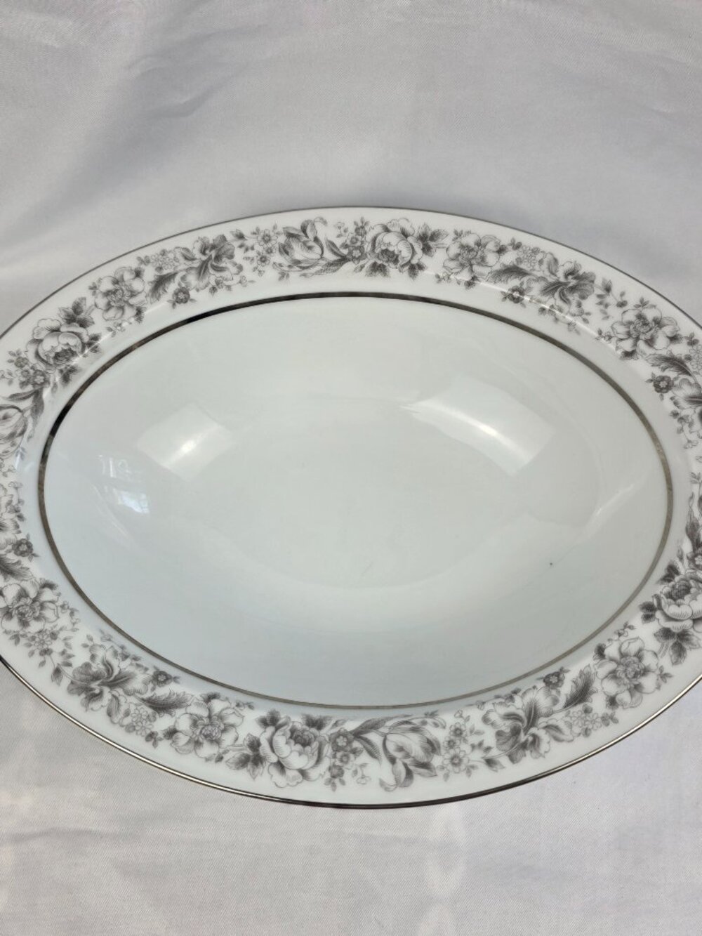 Style House Prestige Oval Serving Bowl 11 Inch Gray Flowers on Rim